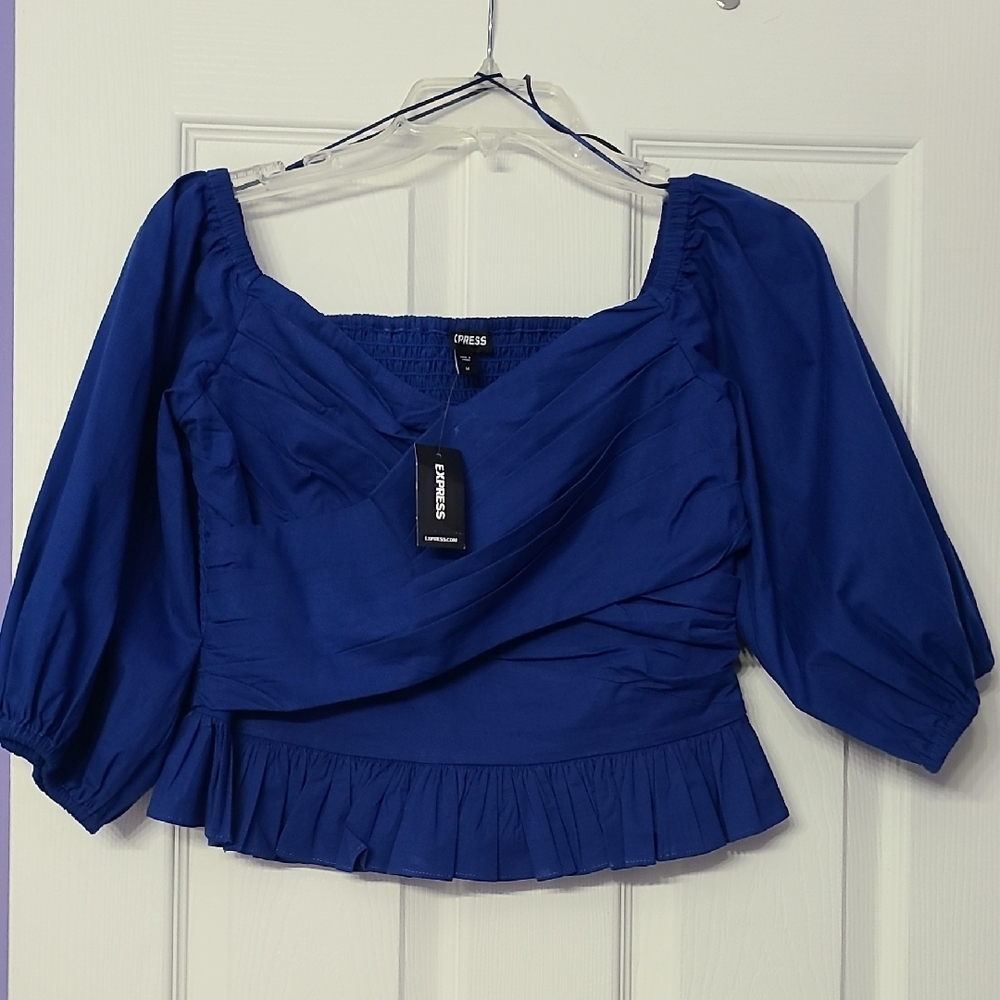 Express Blue Puff Sleeve Ruched Peplum Blouse